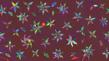 Suluboya elle çizilmiş çiçek desenli eskiz deseni. Parlak renkli fantezi çiçekleri, yapraklar, kahverengi ve yeşil renkli tomurcuklar kahverengi ve yeşil.