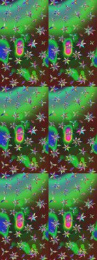 Yeşil ve kahverengi renkli bitkilerden oluşan parlak çiçekli çizim deseni.