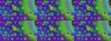 Kabile sanatı boho baskısı, klasik çiçek arkaplanı. Soyut etnik raster çizim kalıbı. Arkaplan dokusu, duvar kağıdı, yeşil ve mavi renkli çiçek teması.