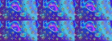 Düz Çiçek Elementleri Tasarımı. Mavi ve mor renkli çiçekler. Raster illüstrasyonundaki çiçek desenli çizim. Renkli Bahar Teması çizim şablonu.