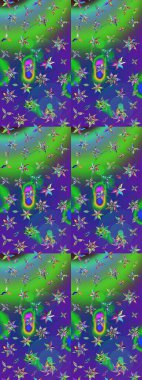 Çiçek süslemeli çizim deseni. Raster illüstrasyonu. Yeşil ve mavi renkte çiçekler.