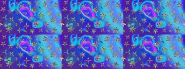 Mavi ve mor renkli etnik çiçeklerle süslenmiş zarif bir eskiz deseni. Raster Çiçek İllüstrasyon Şirin Tekstil.