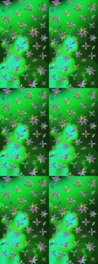 Raster illüstrasyonundaki çiçek desenli çizim. Yeşil ve mavi renkte çiçekler.