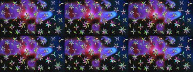 Retro tekstil tasarım koleksiyonu. Çiçekli ipek eşarp. El çizimi çiçek unsurları olan soyut çizim raster deseni. 1950-1960 motifleri. Gri ve menekşe üzerine gri ve mor.