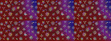 Çok renkli ve mor zarif küçük çiçekler ve kırmızı ve mor renkli komik böcekler, raster deseni, illüstrasyon.