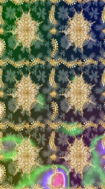 Duvar kâğıdı için altın süslü bir illüstrasyon. Çiçek süslemeli Raster eskiz deseni. Süslü dantel iz sürücü. Doğu tarzında klasik tasarım öğesi. Yeşil renkler üzerine geleneksel Arapça dekor.