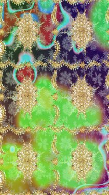 Altın çiçekli eskiz deseni. Damask arkaplanı. Yeşil renkte altın bir element. Barok tarzında altın çiçekli süs..