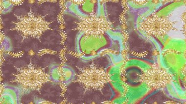 Kraliyet lüksü, altın barok kumaş rengi eskiz. Raster eskiz deseni altın antika ortaçağ dekoratifi, yapraklar ve altın desenli süslemeler tarafsız renklerde..