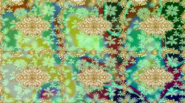 Altın şablonu çiz. Altın elementlerle yeşil renklerde altın desen. Raster doğulu süsü.