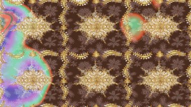 Lüks, kraliyet ve Viktorya dönemi konsepti. Raster klasik barok çiçek deseni altın rengi. Süslü dekorasyon. Altın elementlerle kahverengi renklerde altın desen.