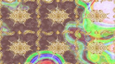 Klasik Raster Golden eskiz kalıbı. Çiçek süsü kumaş deseni, cam, altın elementlerle kahverengi renklerde çiçek desenli metal..