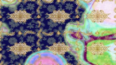 Klasik oryantal desen mavi renkten üstündür. Geleneksel raster ve altın desen. Damask taslak süsü.