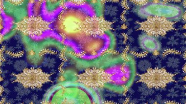 Raster oryantal süs. Mavi renkler ve altın elementler üzerine çizim. Altın deseni çiz.