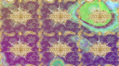 Altın çiçekli eskiz deseni. Mor renkte altın bir element. Damask arkaplanı. Barok tarzında altın çiçekli süs..