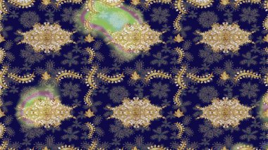 Raster illüstrasyonu. Klasik klasik klasik arka plan. Klasik Raster altın desenini çiz. Geleneksel oryantasyon süsü. Mavi renkler ve altın elementlerle çizim deseni.