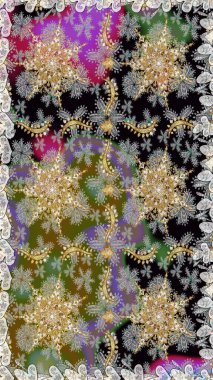 Raster altın pürüzsüz desen. Gri renkli ve altın elementli altın desenli. Düz elle çizilmiş klasik koleksiyon. Arkaplan, kumaş, altın duvar kağıdı.