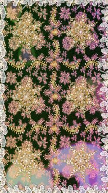 Altın desenli çiçek dekoru. Çizgi sanatı tasarım şablonu için kusursuz sınır. Gri renklerdeki altın element. Davetiyeler, kartlar, web sayfası için Raster illüstrasyon. Doğu tarzı ögesi.