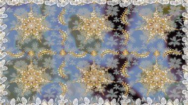 El yapımı dekoratif çerçeve, albüm kapağı, tebrik kartı, klasik Art deco tarzı. Raster soyut çiçek çelengi altın karalama fantezi yaprakları ve gri renkli çiçekler.