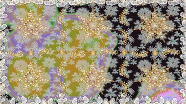 Geleneksel oryantasyon süsü. Raster illüstrasyonu. Gri renklerde, altın elementlerle kusursuz desen. Kusursuz klasik raster altın desenli. Klasik vintage arkaplan.