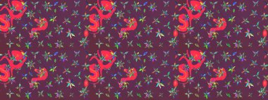 Çiçek desenli eskiz, yaz çiçekleri. Kahverengi ve mor renkli çiçekler. Renkli Bahar Teması eskiz kalıbı. Düz Çiçek Elementleri Tasarımı.