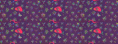 Şirin çiçekli, desenli, mor ve menekşeli renkli bir eskiz deseni. El çizimi çiçek çizimi deseni (fayans). Tekstil için suluboya çizim deseni.