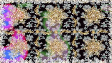 Raster illüstrasyonu. Kusursuz damaske klasik altın desen. Gri ve siyah renklerde altın sarısı desenler. Tekrarlayan ögelerle soyut arkaplan Raster.