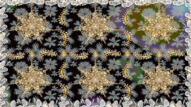 Gri ve siyah renklerde altın yinelenen elementler içeren soyut bir arka plan. Kusursuz oryantal klasik altın desen.