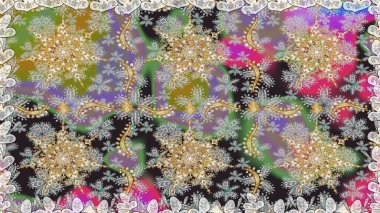 Ornamental lace tracery. Vintage design element in Eastern. Raster seamless pattern with floral ornament. Traditional arabic decor on gray and neutral colors. Golden ornate illustration for wallpaper.