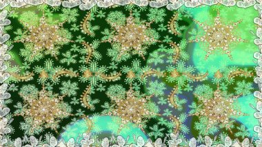 Yeşil ve nötr renklerde, altın elementlerle kusursuz klasik desen. Noel, kar tanesi, yeni yıl 2019.