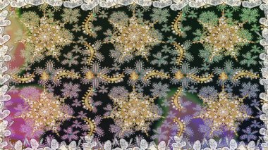 Dekoratif simetri arabesk. Raster illüstrasyonu. Doğum günü kartı, davetiye ya da afiş için iyidir. Kusursuz ortaçağ çiçek deseni. Gri ve nötr renklerde altın.