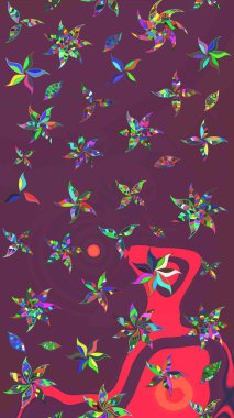 Raster çiçek desenli çiçek deseni, yapraklar, dekoratif elementler, sıçrama, lekeler, el çizimi kontur çizgileri ve Doodle çizim stili, grafik raster çizim çizimi.