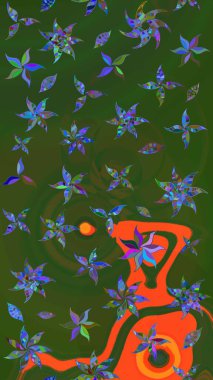 Çiçek yeşili ve turuncu çizim kalıbı. Raster çiçek izi. Klasik taslak çizimi. Raster Yumuşak kumaş deseni.