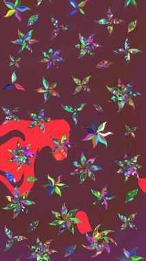 Raster illüstrasyonu. Kahverengi ve kırmızı renklere karalamalar çizilmiş çiçek deseni.