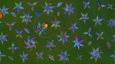 Yapraklı çiçekler ve yeşil ve mavi renkli papatya çiçekleri. Eskiz arkaplan modeli. Raster - stok.