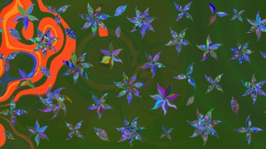 Parlak renkli çiçekleri ve yeşil ve turuncu renkli yaprakları olan harika bir çiçek deseni. Moda baskıları için zarif bir şablon. Modern çiçek arkaplanı. Halk stili.
