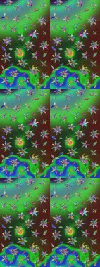 Raster illüstrasyonu. Raster illüstrasyonundaki çiçek desenli çizim. Yeşil ve mavi renklerde. Güzel kumaş deseni.