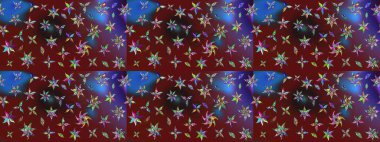 Kırmızı ve kahverengi renkte yaprakları olan yabani çiçekler. Raster illüstrasyonu. Suluboya, elle çizilmiş. Taslak arkaplan deseni.