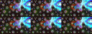 Moda baskıları için zarif bir şablon. Modern çiçek arkaplanı. Parlak renkli çiçekleri ve gri ve mavi renkli yaprakları olan harika bir çiçek deseni. Halk stili.