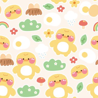 Küçük bir ikon arka plana sahip kusursuz bir tavuk pastel resmi. Çiftlik hayvanı karakteri çizimi. Çim, çiçek, mantar, yaprak, gökkuşağı, yağmur, bulut, yumurta el çizimi..