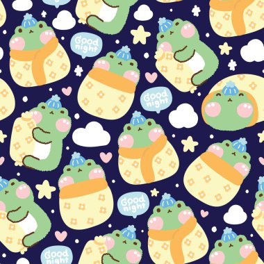 Yastığı uykusunda olan sevimli kurbağanın kusursuz deseni gece gökyüzünde belirir. Bulut, yıldız, kalp el çizimi. Sürüngen hayvan karakteri çizimi. Kawai Vector..