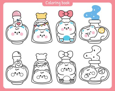 Cici kutup ayıları çeşitli şekillerde şişelerde ve kavanozlarda kalırlar. Yürek. Vahşi hayvan karakteri çizimi. Resim kitabı..