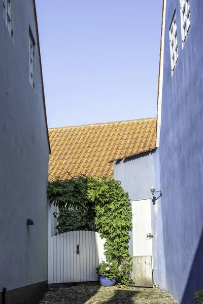 Entrance through a backyard with blue painted houses on both sides, blue summer sky and red tile roofs in the background, a typical sight in the old town of Ebeltoft Denmark