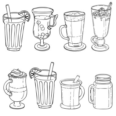 Çay bardak farklı türleri. Kahve arka plan. Vektör anahat