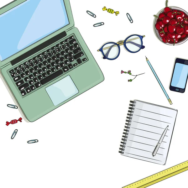Çalışma alanı tablosu ve bilgisayar ile. Modern çalışma alanı vektör ileti örneği ile ayarlayın. Üstten görünüm kadar sahte düz yatıyordu. Blog başlığı. Ev ofis, serbest kavramı. Düz yatıyordu ev ofis masası. 