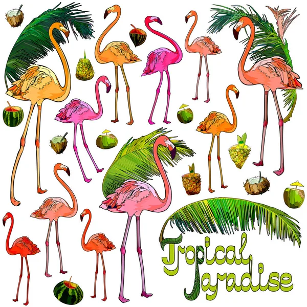 Flamingo Folhas Palma Fundo Tropical Ilustração Vetorial Eps10 —  Vetores de Stock