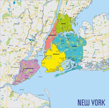 Vektör New York siyasi haritası tüm bölgeler, yollar ve nehirler ile son derece detaylı. Tüm öğeleri açıkça etiketli düzenlenebilir katmanlar halinde ayrılır. EPS 10