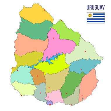 Yüksek detaylı politik Uruguay Haritası bölgeler ve onların büyük harf. Vektör çizim eps 10.