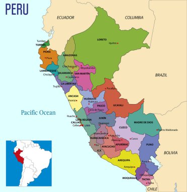 Vektör son derece Peru siyasi haritası bölgeler ve onların başkentleri ayrıntılı. Tüm öğeleri açıkça etiketli düzenlenebilir katmanlar halinde ayrılır. EPS 10