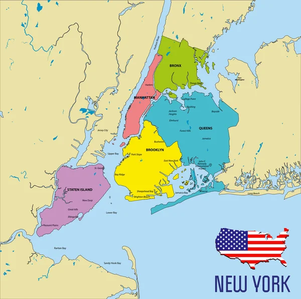 Vector Zeer Gedetailleerd Politieke Kaart Van New York Met Alle — Stockvector