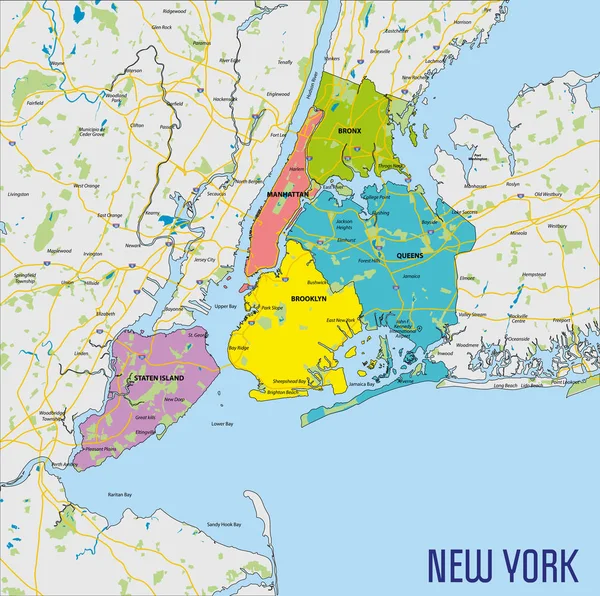 Wektor Bardzo Szczegółowe Polityczna Mapa Nowego Jorku Wszystkich Regionów Dróg — Wektor stockowy